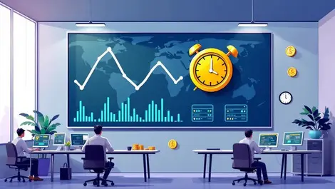 Corporate ops room falling graph coin stopwatch server outages