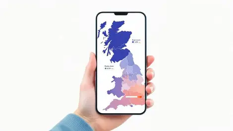 Smartphone hand uk postcode map credit score regions fintech vector