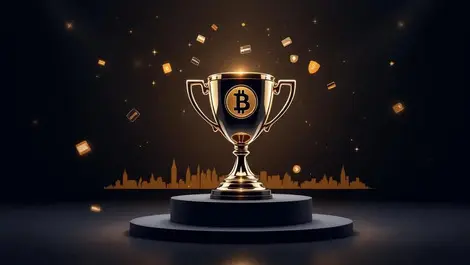 Sleek fintech trophy golden emblems dark stage london skyline