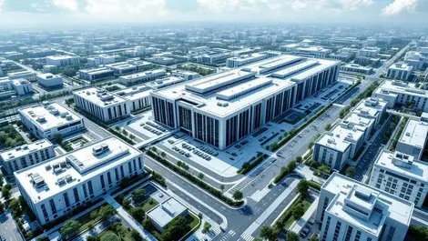 Aerial modern data center campus with renewable energy elements