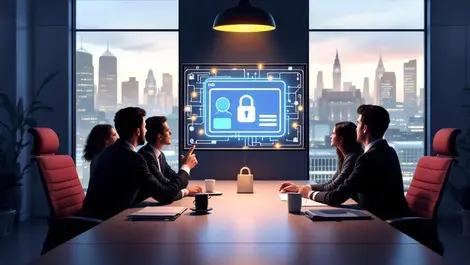 Modern london office meeting digital company id security scene