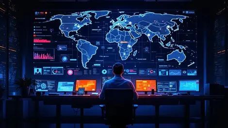 Cinematic soc night world map threat graphs cyber analyst monitoring