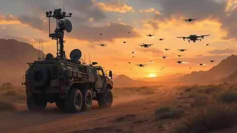 Rugged mobile command vehicle defending airbase from hostile drones