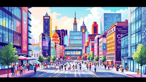 Vibrant manchester cityscape tech event festival flat illustration