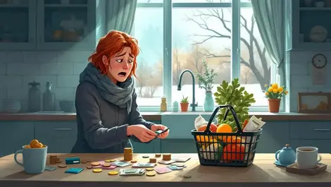 Worried uk household budgeting coins bills empty grocery basket