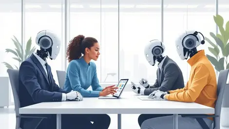 Modern office hiring workshop hr it reviewing tablets humanoid robot