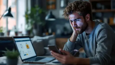 Worried uk adult online fraud scam cues smartphone laptop tense mood